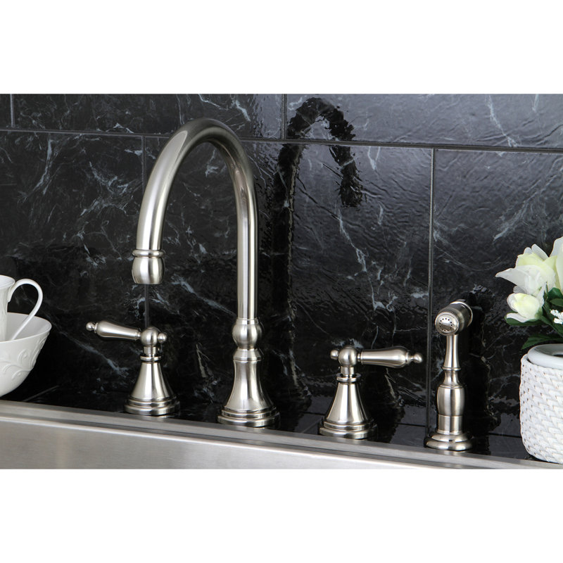 Kingston Brass Governor Double-Handle 4-Hole Widespread Kitchen Faucet with Brass Sprayer, Lever, Brushed Nickel