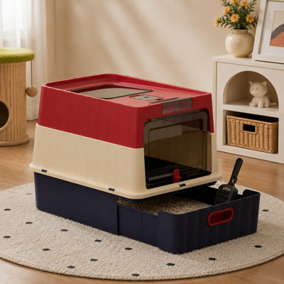 Light Luxury Red-Domed Walk-In Cat Litter Box: Convenient Drawer for Easy Cleaning, Odor-Sealing Design, and Spacious Interior Suitable for All Cats.
