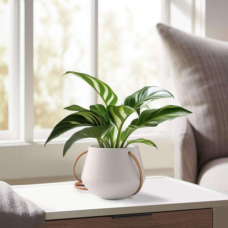  Nonce 4" Ceramic Modern White Hanging Planter With Leather Strap, White, 4" H x 5" W x 5" D