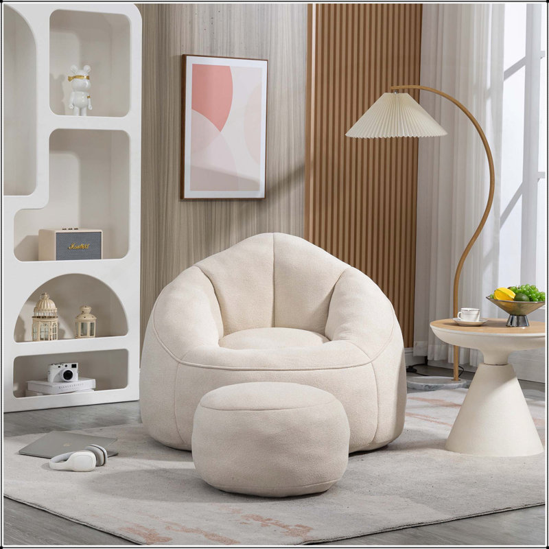 High-Pressure Foam Bean Bag Sofa Chair with Padded Footrest for Ultimate Comfort and Support, Beige Microfiber