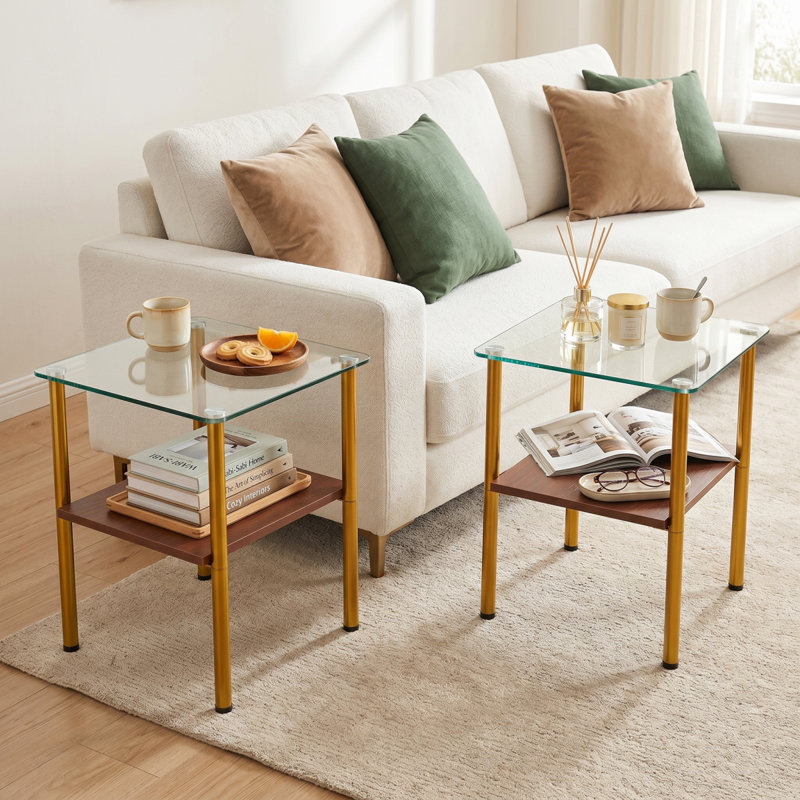 Table d'appoint moderne en verre 2 pièces, plateau de table en verre trempé, tablette de rangement en MDF et pieds en métal, table d'appoint minimaliste pour salon et chambre à coucher