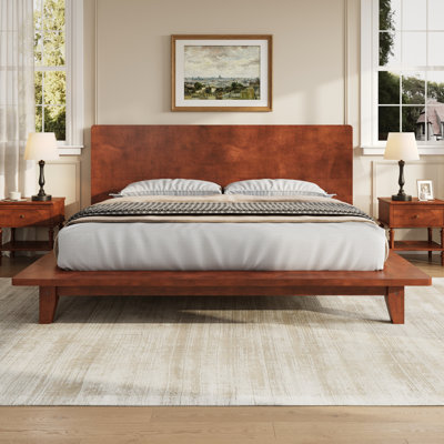 Structure de lit plateforme en noyer de style Mid-Century moderne avec tête de lit, bois massif, support de lattes de bois, aucun sommier requis, double, brun