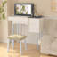 Bureau de coiffeuse blanc avec miroir rabattable et fauteuil, 2 tiroirs et 8 compartiments de rangement