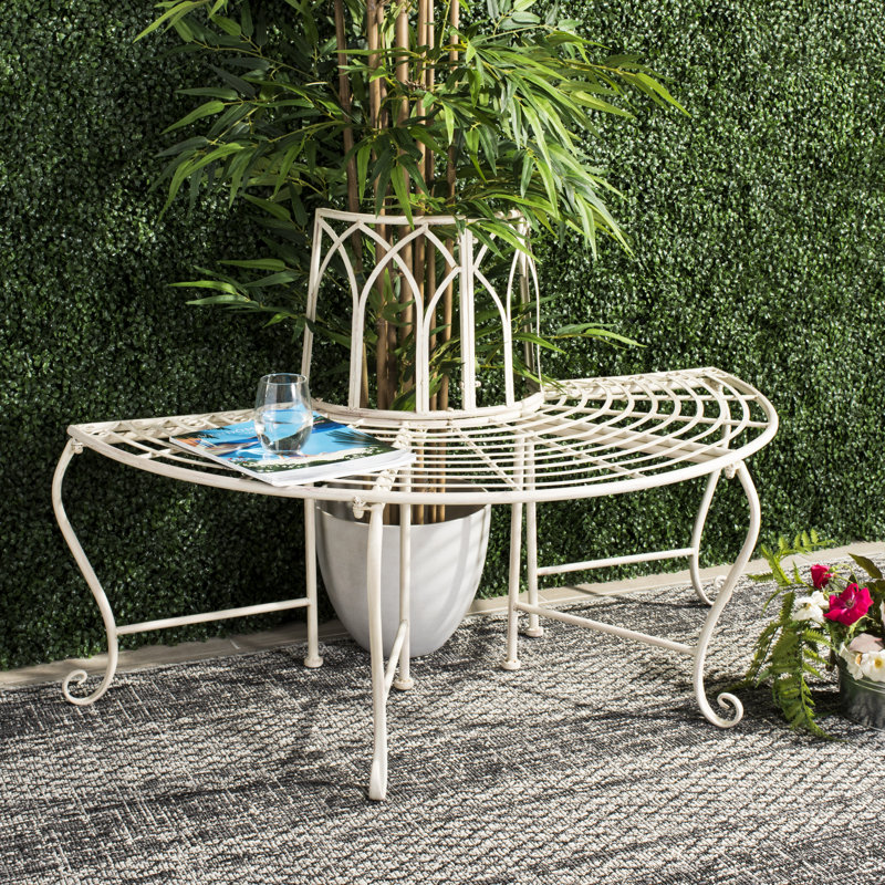 Abia Wrought Iron Outdoor Tree Bench, White