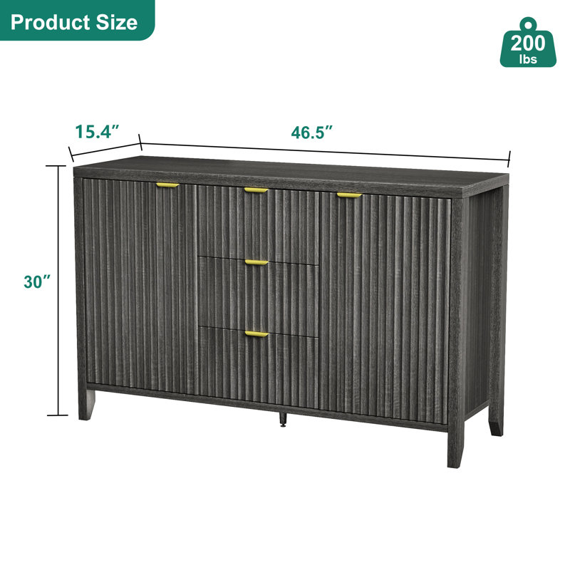 Black Fluted Wood Sideboard with Drawers and Doors, 46.5"