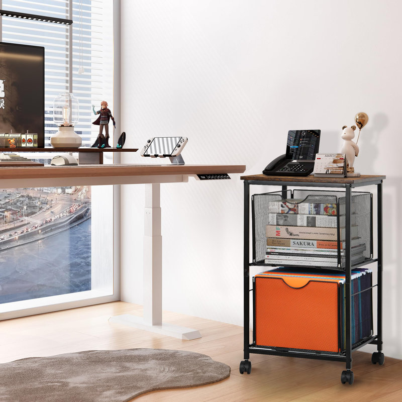 Mesh File Cart With 2 Drawers & Swivel Casters, Lockable Rolling File Organizer Cabinet For Office