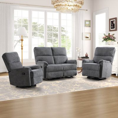 Latitude Run® Nikula 3-Piece Chenille Upholstered Reclining Set With Swivel Rocker Recliner And 2-Person Manual Reclining Loveseat