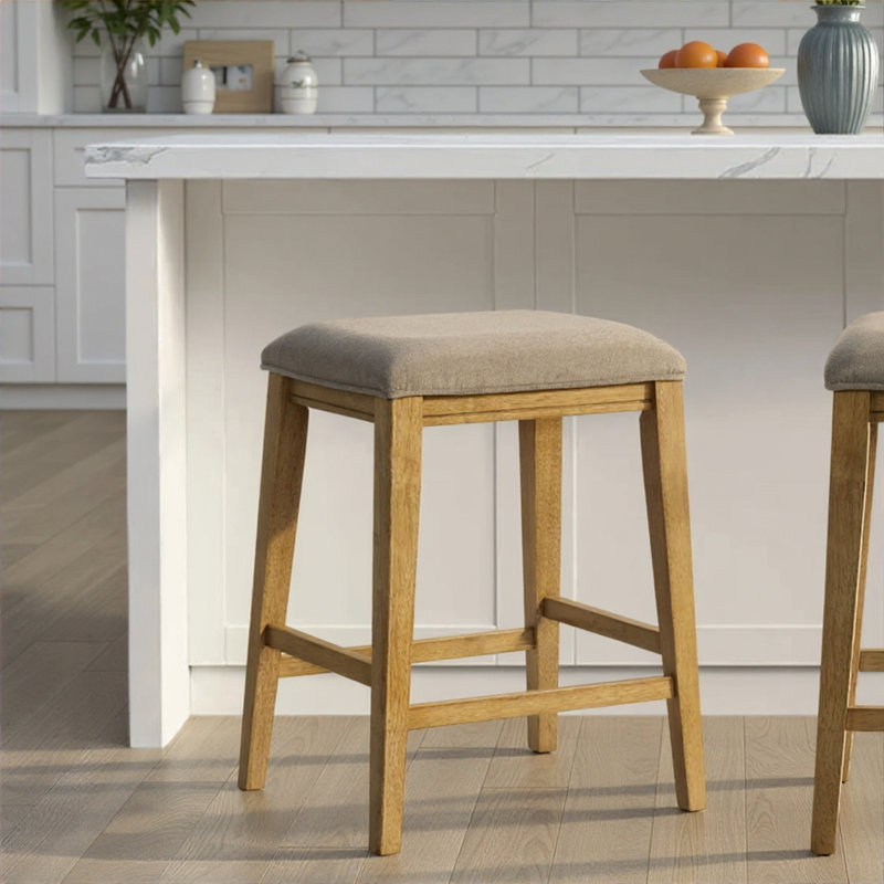 Jane Contemporary Transitional Wood Counter Height Kitchen Bar Stool In Amber Glow Finish With Taupe Fabric Upholstered Seat - Set Of 2