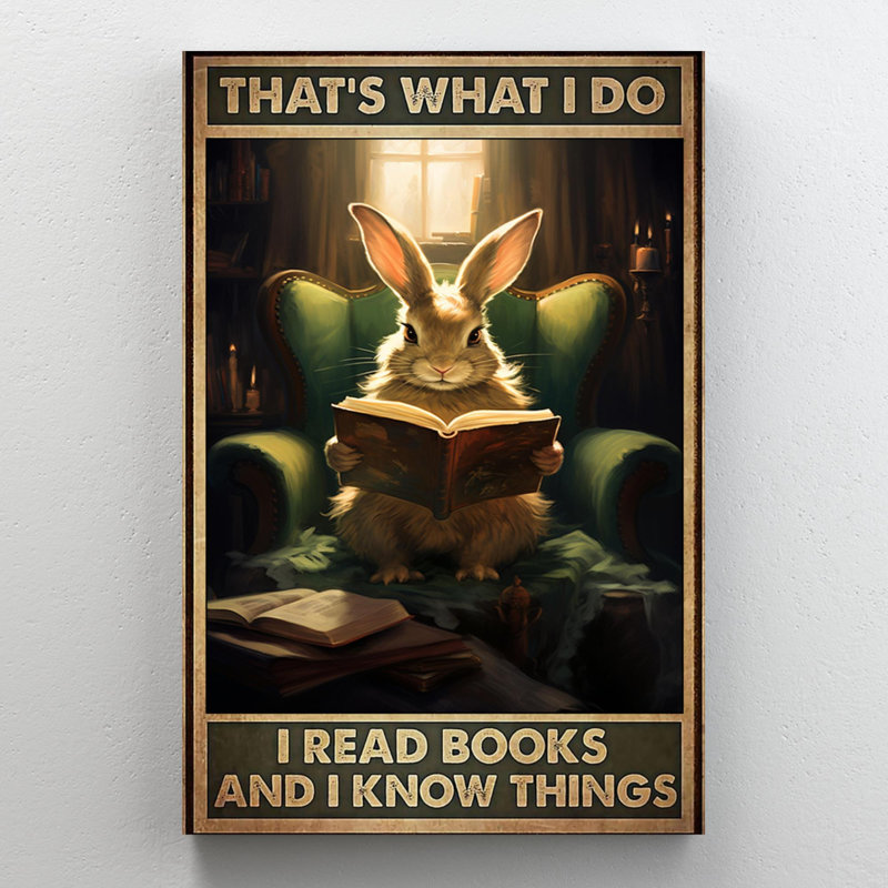 Lapin que je lis des livres - 1 pièce, reproduction d'art graphique sur toile tendue, H 14 po x l 11 po x P 1,25 po