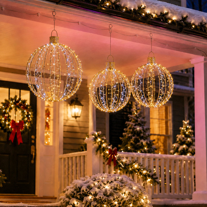3-Piece Outdoor Christmas Decoration Ornaments Set Pre-Lit Balls with White LED Lights