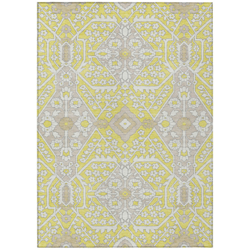 Tapis intérieur lavable floral ivoire et beige 8 pi x 10 pi jaune