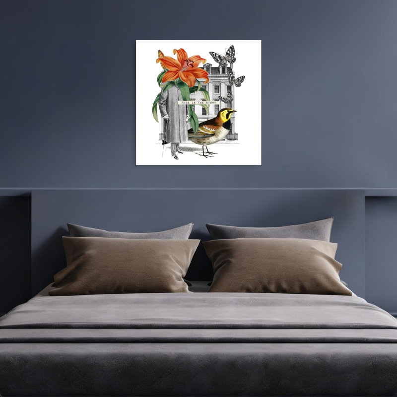 Whimsical Urban Nature Classic Elegant Surreal Butterfly Bird Lily City Flower Wall Art Print 1 Piece Wrapped Canvas Wall Art