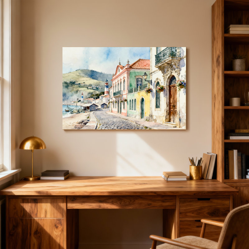 Scène d'aquarelle de ville côtière pittoresque, H 24 po x l 36 po