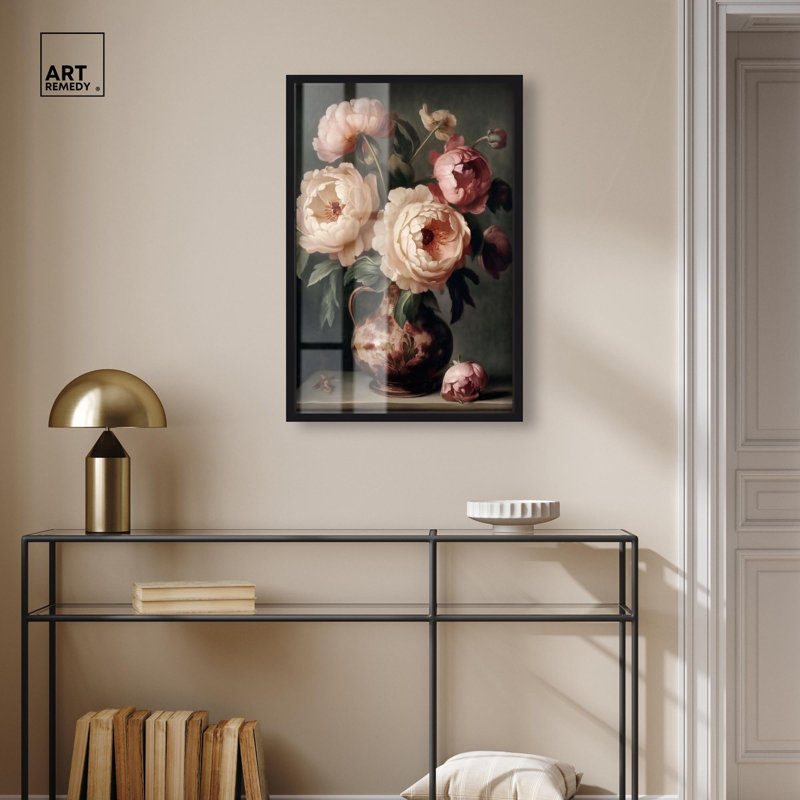 «Peony Rhapsody Shadowbox Print» par Art Remedy, H 31 po x l 21 po, Noir