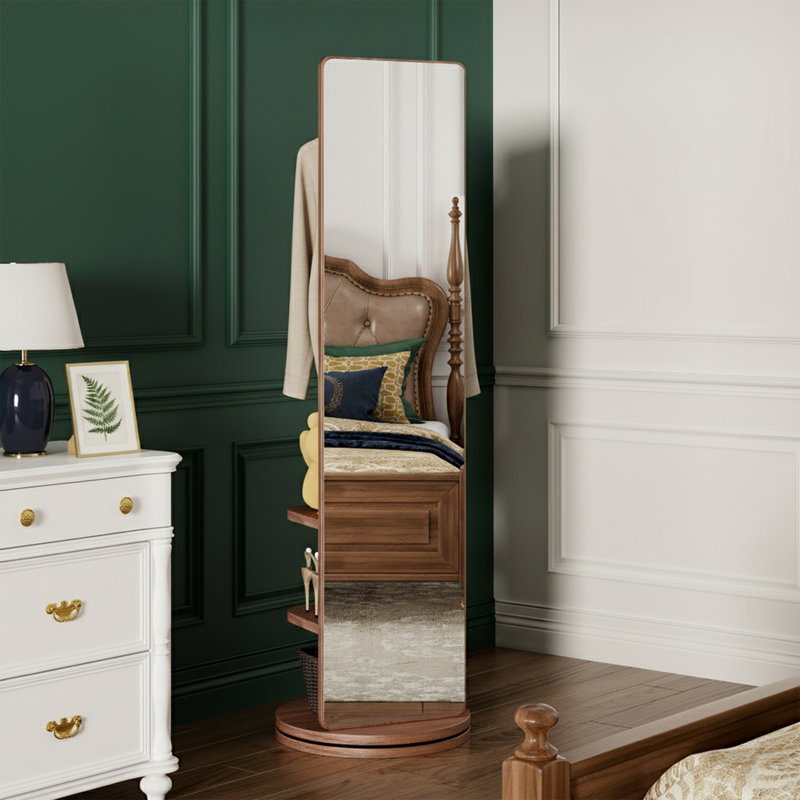 69 Inch Tall Swivel Full Length Mirror with Storage Shelves and Coat Rack Walnut Solid Wood Frame, Brown