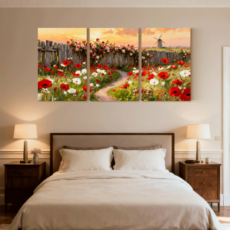 Bouquet de coquelicots assortis avec moulin à vent et clôture, ensemble de 3 impressions sur toile, H 24 po x l 48 po