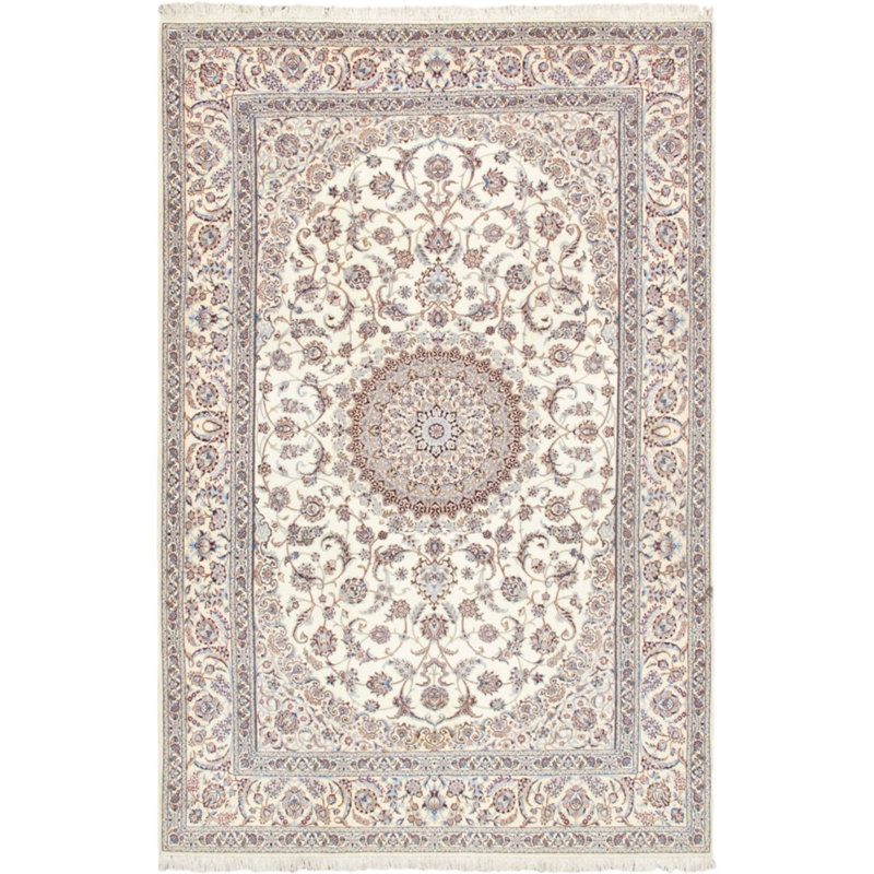 Tapis unique en soie / laine noué à la main 6 pi 10 po x 10 pi 3 po ivoire / gris Nain
