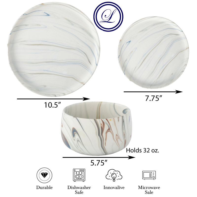 Service de vaisselle en marbre brillant Lorren Home Trends, service de 12 pièces pour 4 personnes, va au micro-ondes et au lave-vaisselle
