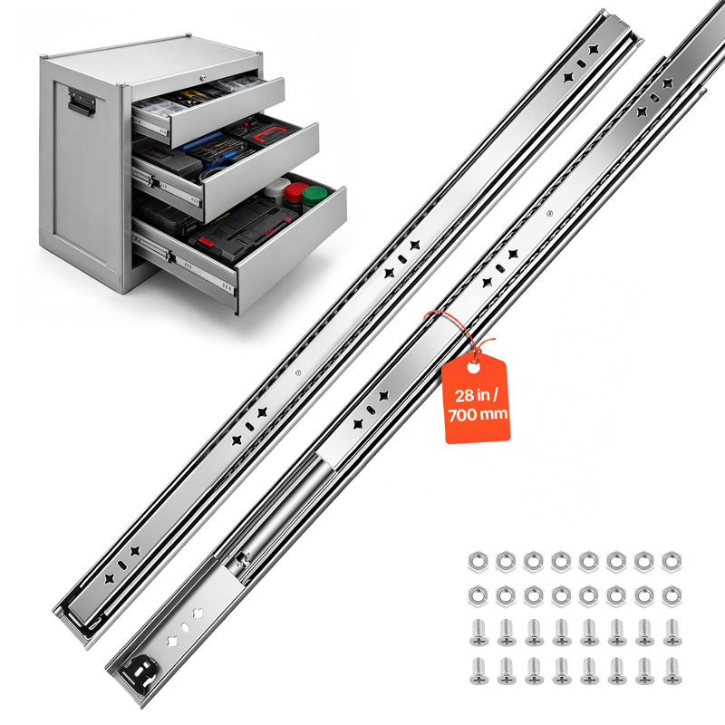 Glissières de tiroir robustes, rails de montage latéral de 71 cm (28 po) supportant une charge de 120 kg (265 lb), rails à billes à extension complète en 3 parties, 1 paire, pour cuisine, établi, VR, en acier au carbone, avec vis et écrous, conçus pour les armoires