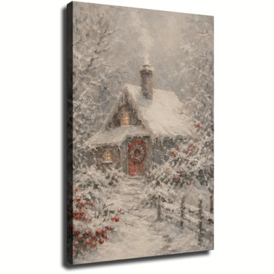 Maison d'hiver rustique avec porte rouge et branches de baies rouges, peinture à l'huile vintage aux tons doux sur toile