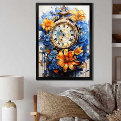 Boho Time, fleurs orange et plumes bleues, reproduction sur toile