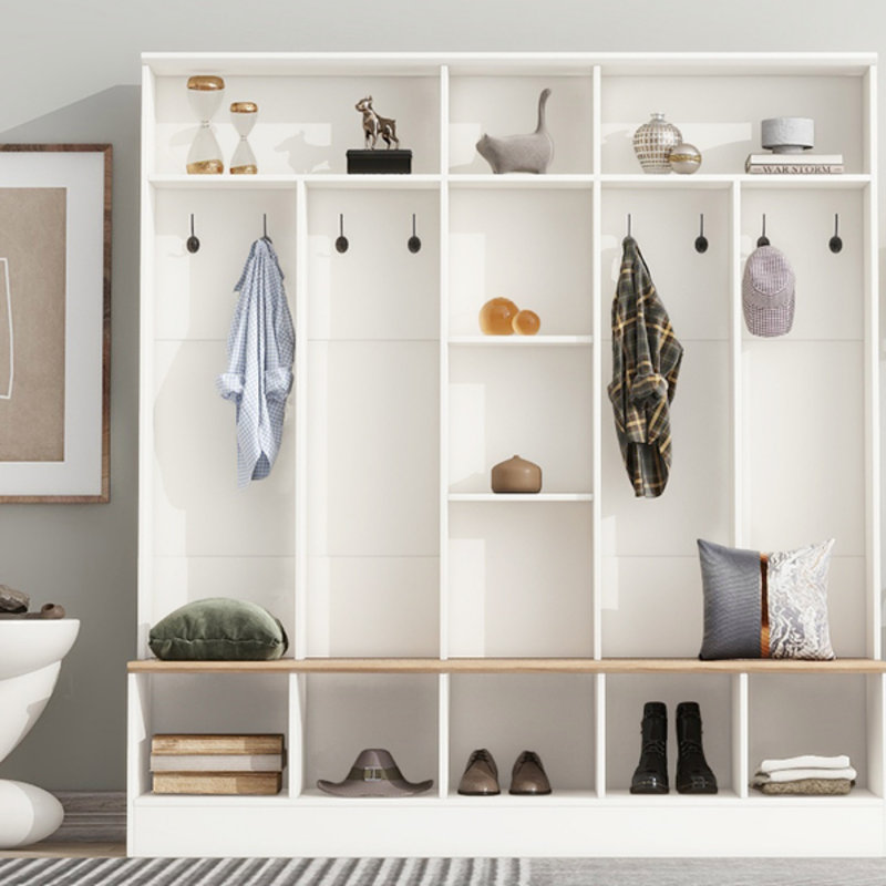 Arbre d'entrée large avec banc de rangement, armoire à chaussures minimaliste et 8 crochets pour les entrées, vestibule