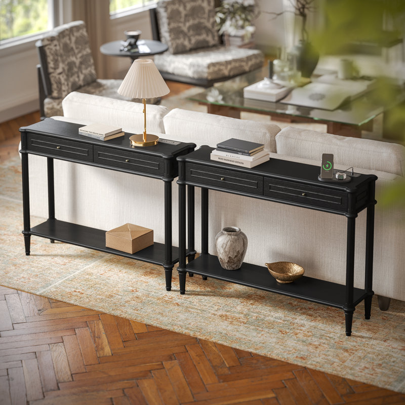 Console Table For Entryway With Charging Station,Retro Entryway Table With 2 Drawers-Easiest Assembly,Sofa Table With Bottom Shelf,Narrow Long Couch Table Behind Sofa For Living Room,Foyer (Black)