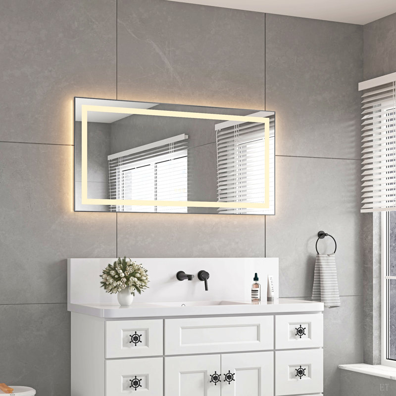 Miroir de salle de bain 48 "x 24" à DEL avec façade et rétroéclairage, miroir de meuble-lavabo mural avec cadre en aluminium, anti-buée, mémoire, 3 couleurs, réglable en continu