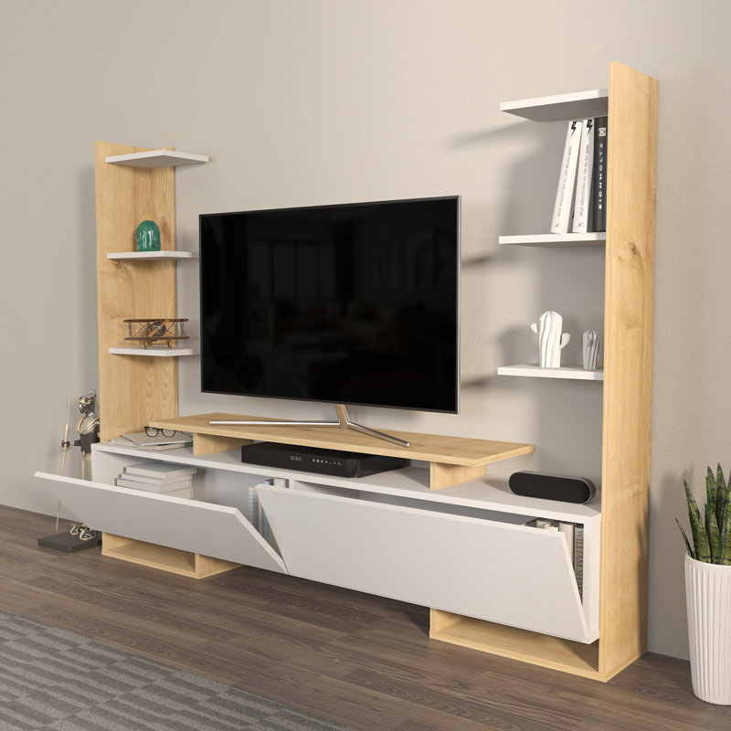 Meuble télé moderne blanc et chêne de 72,2 po x 55,1 po x 12,5 po | 100% panneau de particules enduit de mélamine, épaisseur: 0,7 pouce | Design scandinave, solution de rangement élégante et fonctionnelle pour le salon et les espaces de divertissement