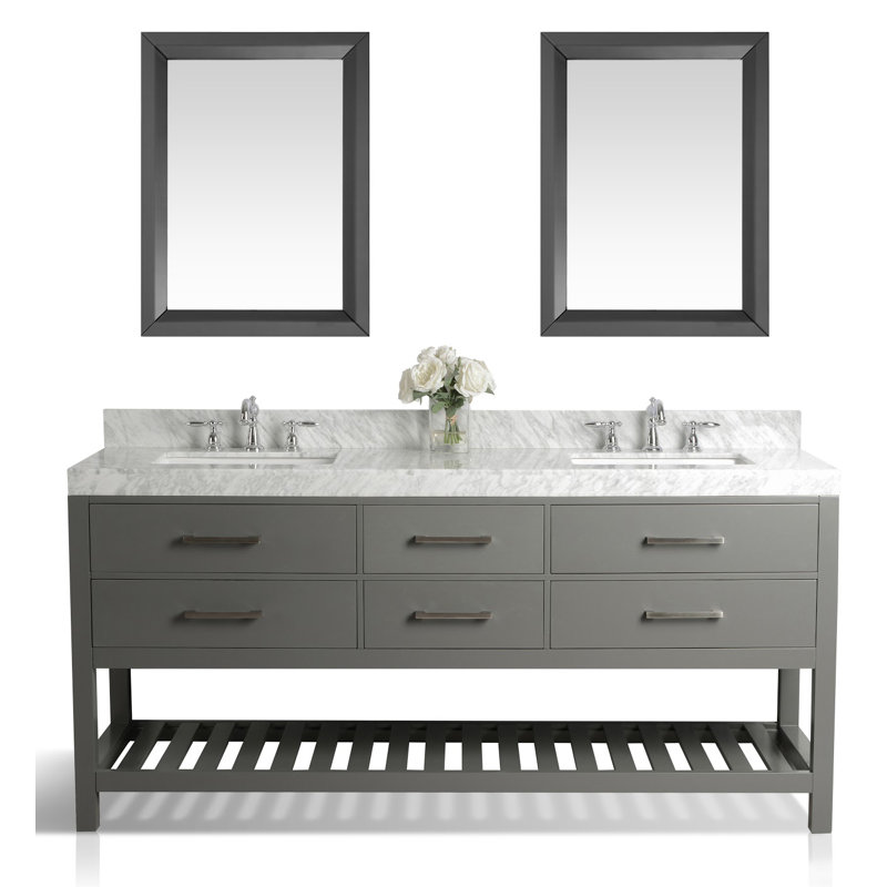 Elizabeth 72" Double Bathroom Vanity Set with Mirror, Carrara White, Nickel, Sapphire Gray
