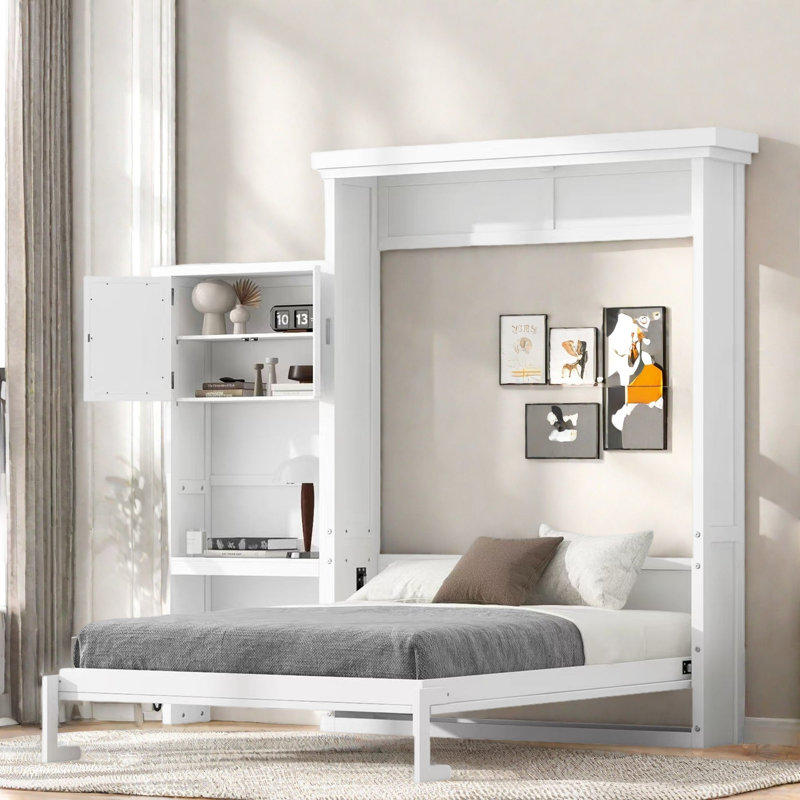 Lit escamotable avec tablettes de rangement et décoration à persiennes, Blanc