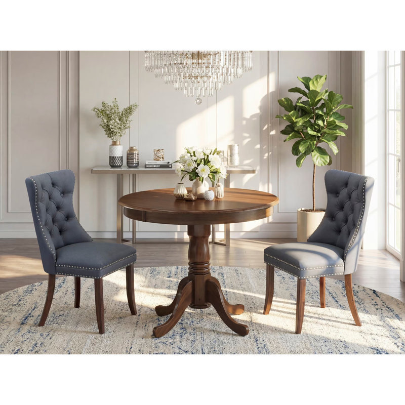 3 Piece Kitchen Table Set Includes a Round Dining Table with Pedestal and 2 Polyester Fabric Upholstered Parson Chairs, Antique Walnut
