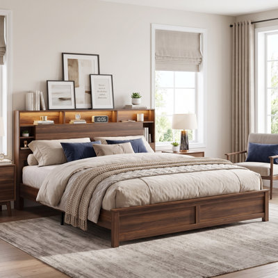 King dark brown wood platform bed with led storage headboard and charging station