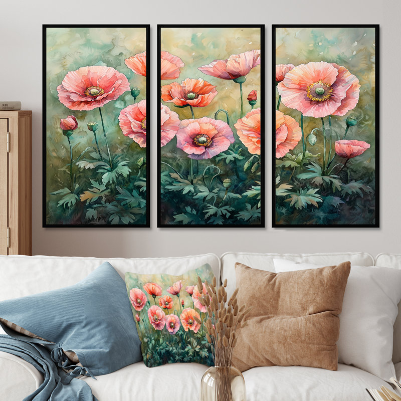 Printemps, coquelicots roses, horizon écarlate I - ensemble de 3 coquelicots, H 28 po x l 36 po, Noir