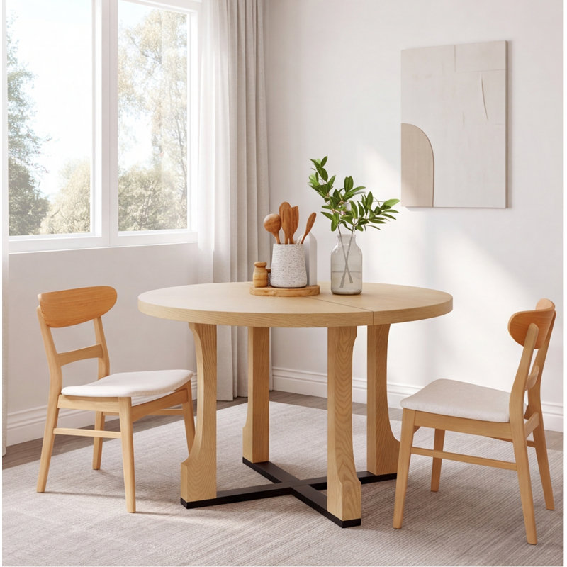 Table de salle à manger ronde 48 pouces, finition bois de frêne naturel, bois massif et panneau de fibres à densité moyenne, sièges 4