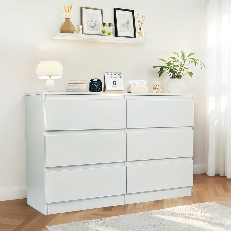 Commode 6 tiroirs avec comptoir spacieux, Blanc