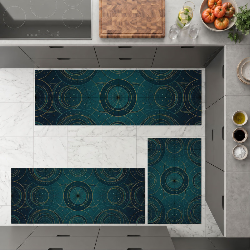 Teal Circles Non-Slip Washable Kitchen Mats