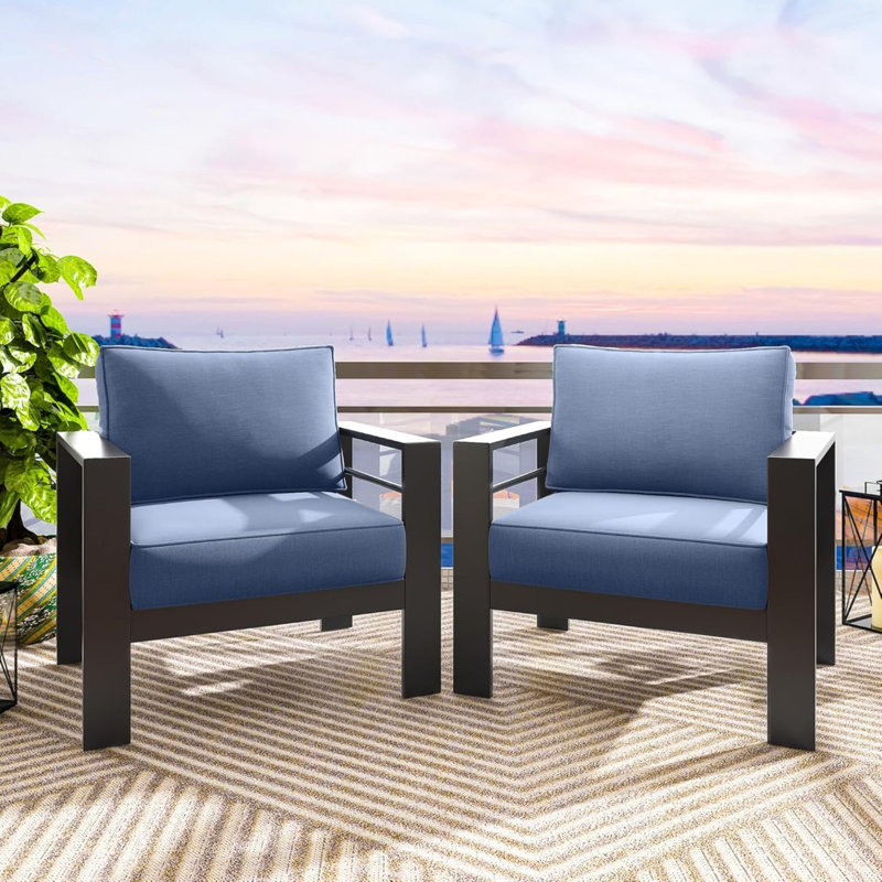 2-Pack 28" All-Weather Aluminum Patio Armchairs With Thick Blue Cushions & Black Frame, Blue, Black