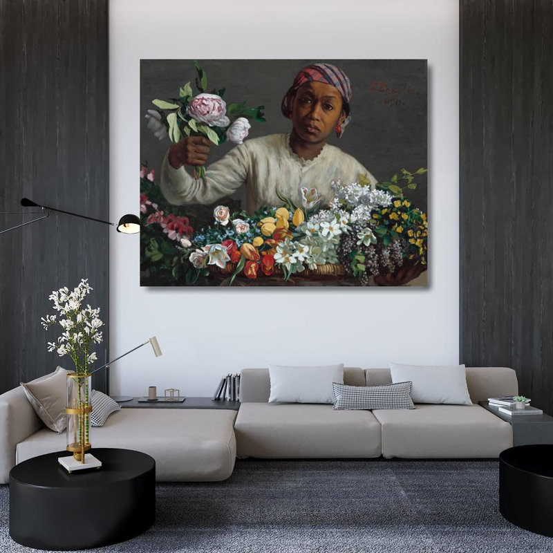 "Jeune femme avec pivoines" par Frederic Bazille - Toile tendue avec châssis, H 48 po x l 33 po