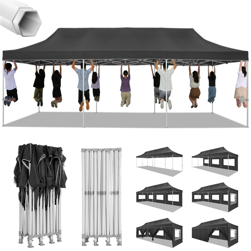 Canopy 10x30 Pop Up Canopy Tent Heavy Duty with 8 Sidewalls,UPF50+ and Waterproof 1500mm,3 Height Adjustable, Black