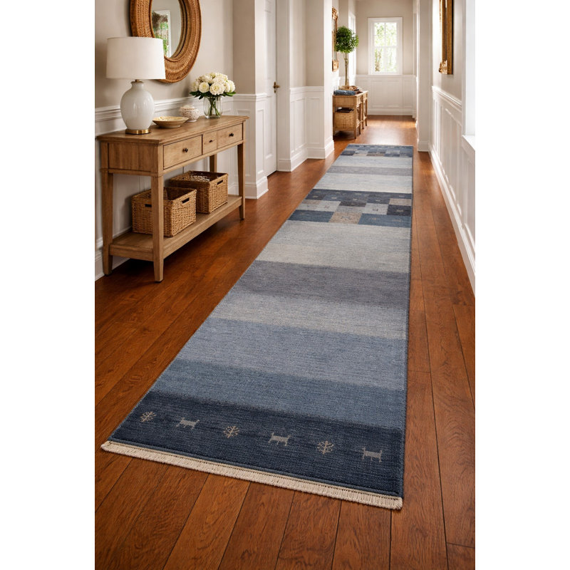 Tapis de couloir oriental bleu 3 x 13 Indo Gabbeh