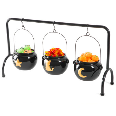 Halloween Decorations 3 Ceramic Witches Cauldron Candy Serving Bowl on Rack, Black Cauldron Snack Bowls Party Decorations, Hocus Pocus Witch Candy Cauldron with Cat, Moon, Star Pattern for Table Decor