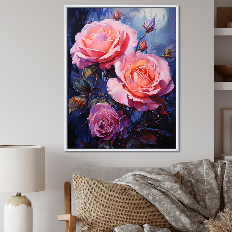 Fleur de néon rose sur toile, Cadre flottant blanc, H 40 po x l 30 po x P 1,5 po