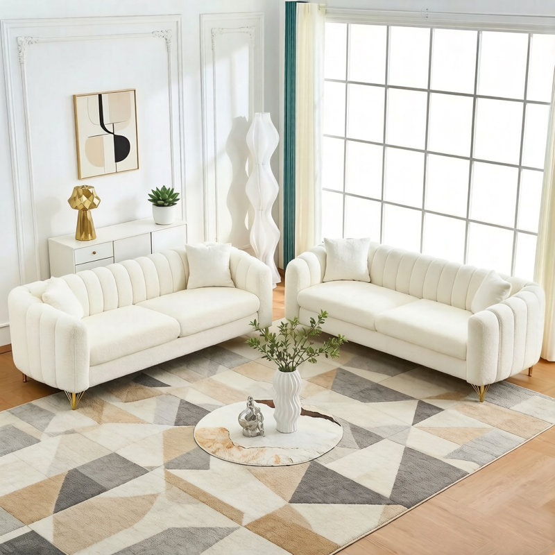 Canapé surdimensionné en chenille, canapé de luxe 3 places + 3 places profond, canapé capitonné moderne, canapé à pieds en métal doré pour le salon, la chambre à coucher, appartement (blanc)