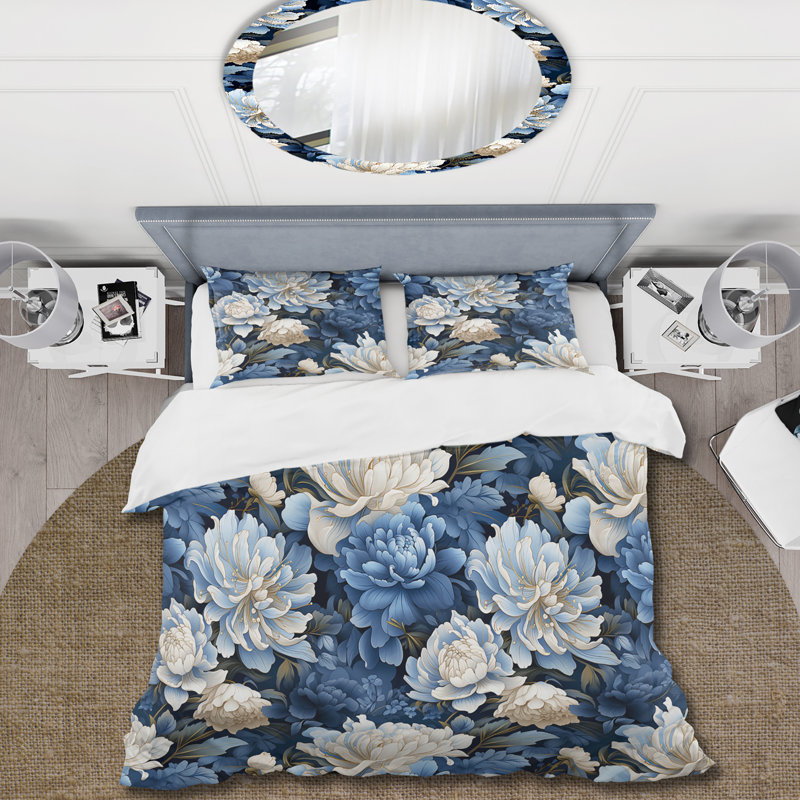 Ensemble de housse de couette à motif floral bleu et blanc II, Housse de couette pour très grand lit et 2 très