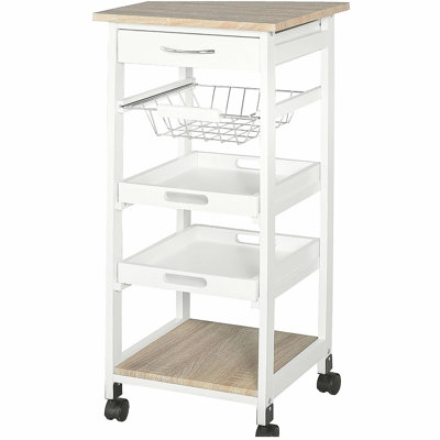 Rolling Kitchen Cart with Storage Function, Practical Wooden Frame Rolling Kitchen Island, with Metal Fruit Basket, Tray, and Drawer, White