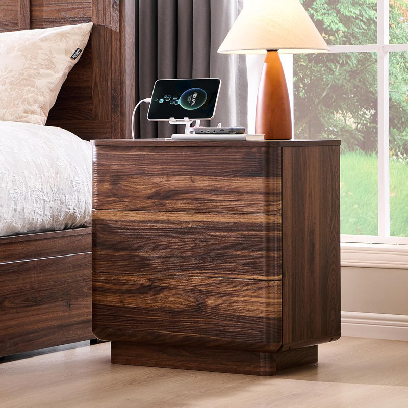 Modern 3 Drawer Nightstand With Charging Station, Push-To-Open Handleless Design, Brown, Brown