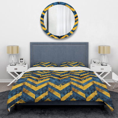 Blue Gold Chevron Print II - Ensemble de housse de couette moderne