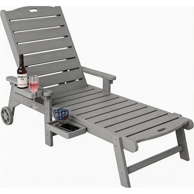 Outdoor Chaise Lounge Chair, All Weather HIPS Patio Lounge Chair with Cup Holder and Armrest for Outside, Beach, Pool, Deck, Gray