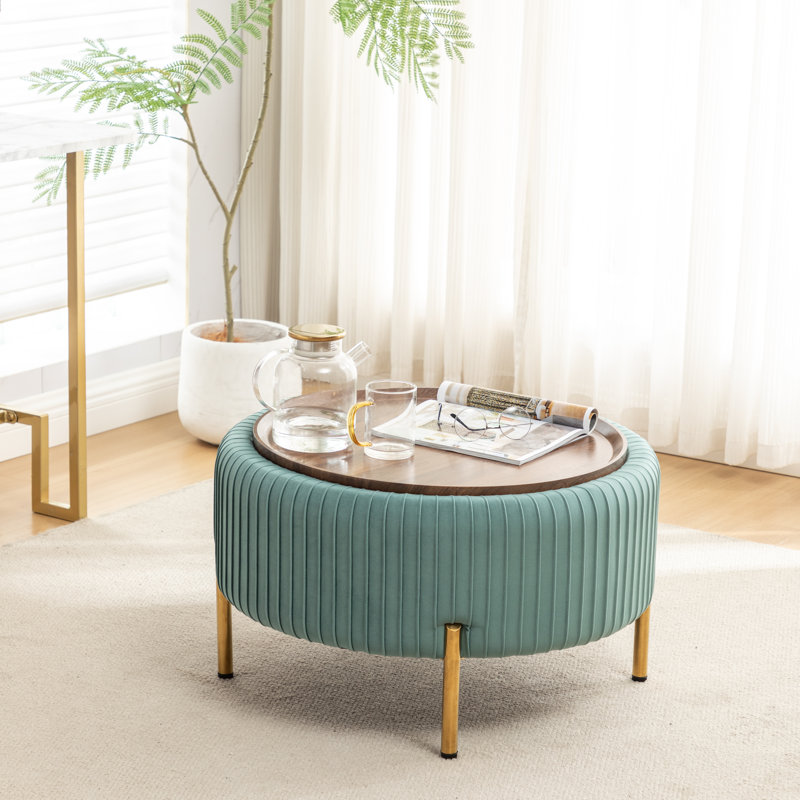 Miajah Upholstered Round Storage Ottoman, Teal